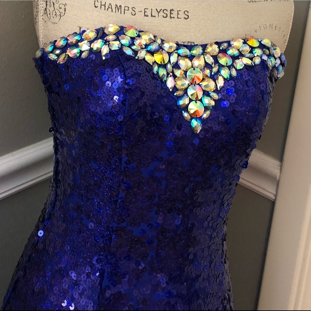 🔴CLEARANCE NEW TIFFANY DESIGNS SZ 2 ROYAL BLUE SEQUIN BEAD CORSET HIGH LOW GOWN - Picture 5 of 13